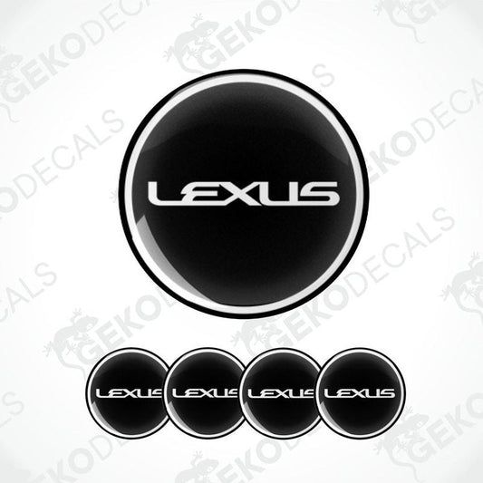 A set of four black vinyl stickers with the LEXUS brand logo on them.
