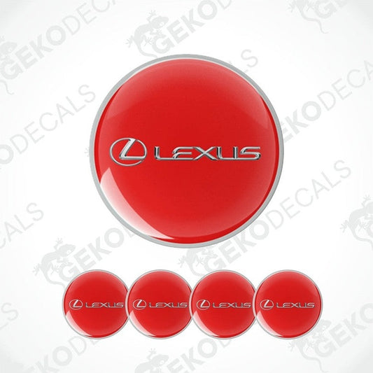A set of red vinyl decals with the Lexus logo applied on them, typically used as car wheel caps.