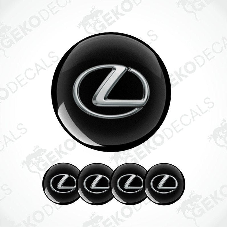 Set of four black vinyl decals with the LEXUS logo, designed for use as car wheel caps.