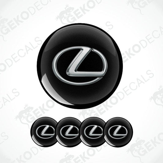 Set of four black vinyl decals with the LEXUS logo, designed for use as car wheel caps.
