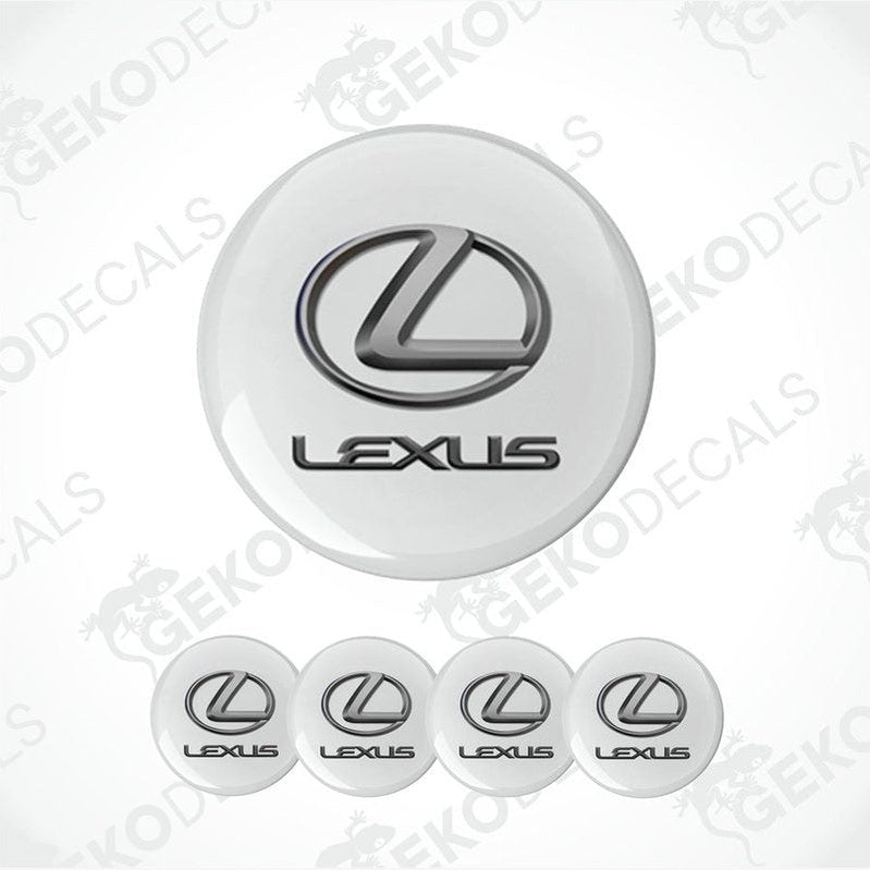 A set of four white round car decals with the Lexus logo in black.