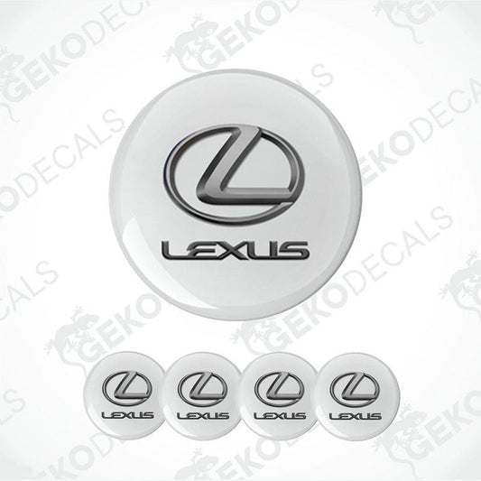 A set of four white round car decals with the Lexus logo in black.