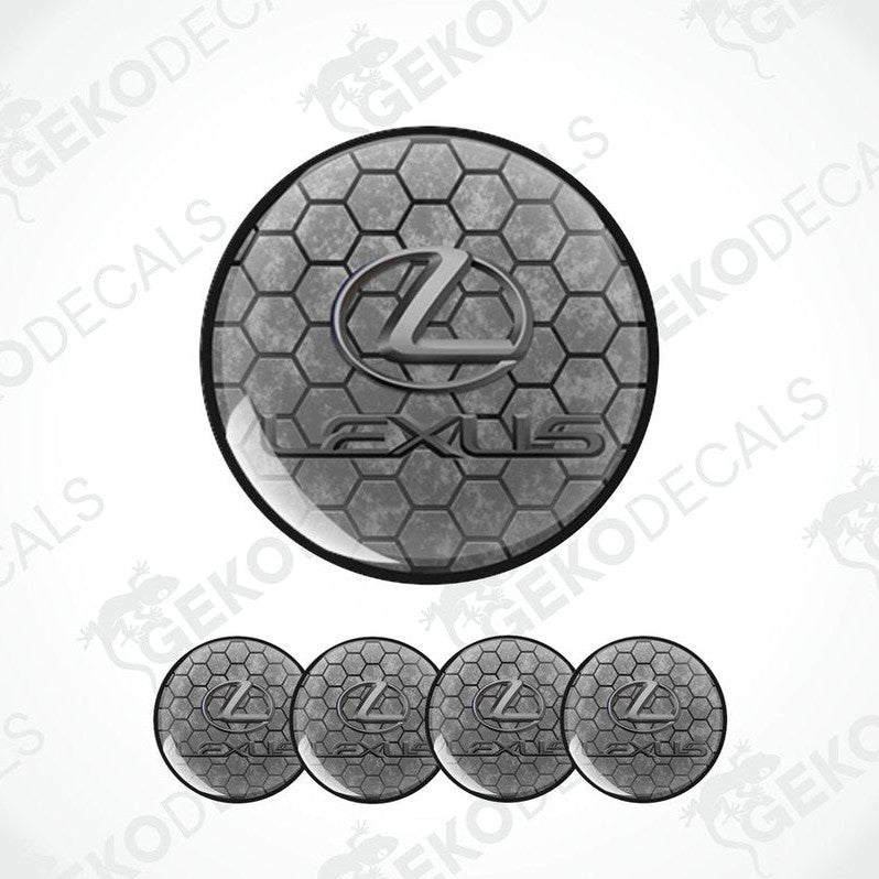 A set of four black vinyl decals with a polyurethane coating featuring a geometric pattern and the LEXUS logo.