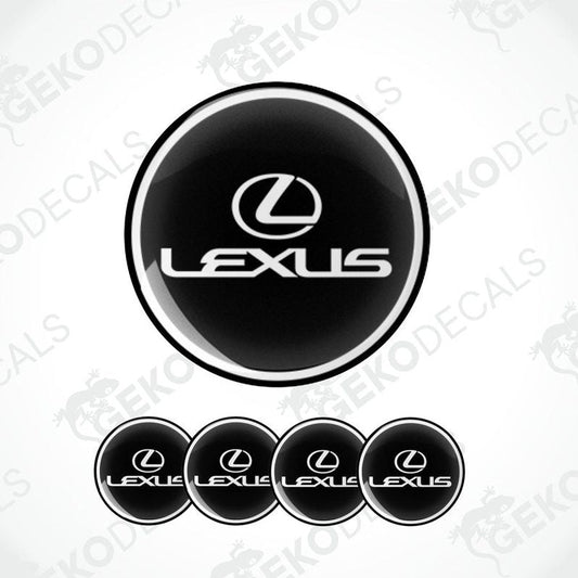 A set of four black vinyl stickers with a LEXUS brand logo design.