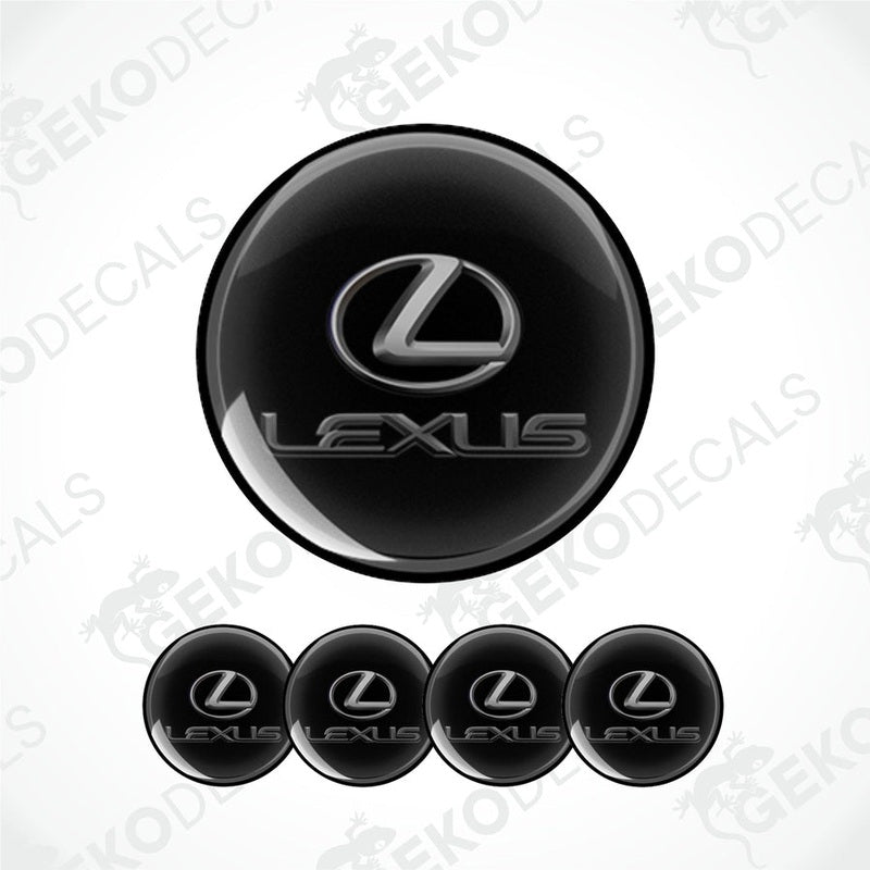 A set of four black round car decals with the grey Lexus logo.