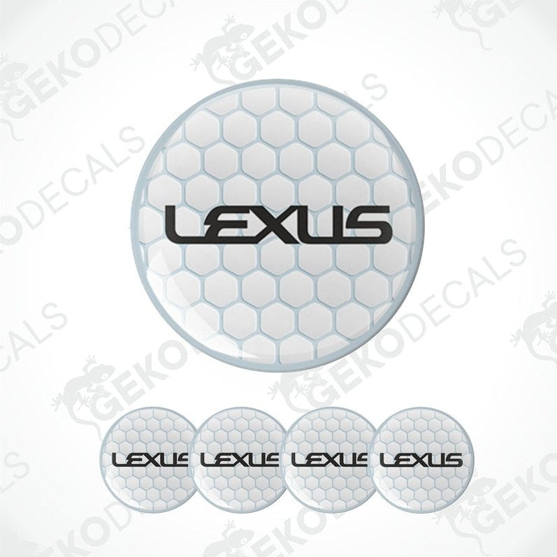 A set of four white vinyl decals with the LEXUS logo, three are round and one is rectangular with a honeycomb pattern.