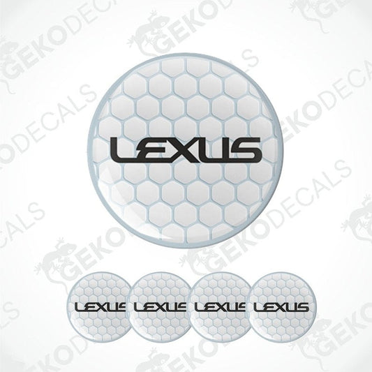 A set of four white vinyl decals with the LEXUS logo, three are round and one is rectangular with a honeycomb pattern.