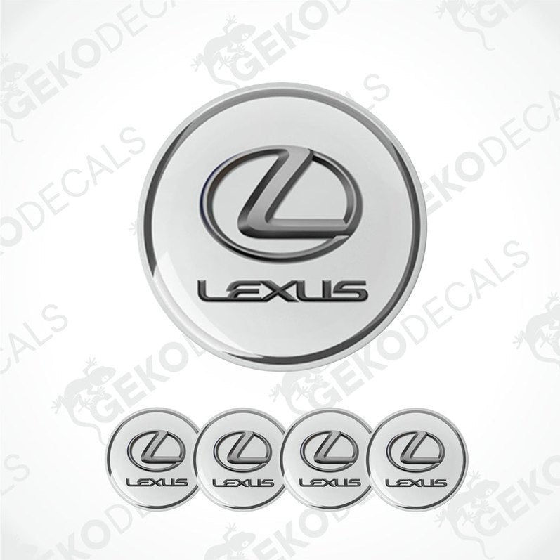 A set of four white round car decals with the Lexus logo in black.