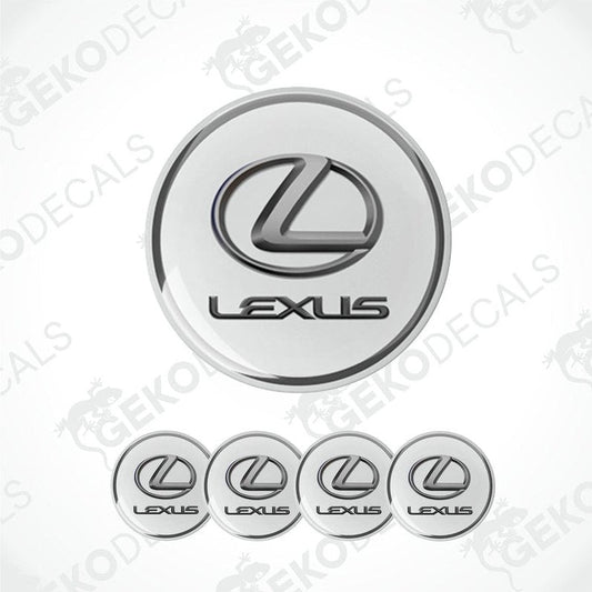 A set of four white round car decals with the Lexus logo in black.