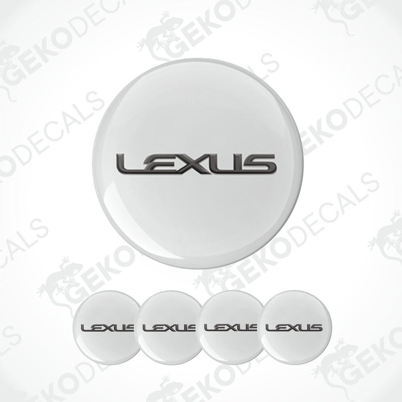 A set of four white vinyl decals with the black LEXUS logo, designed for use as car wheel caps or stickers.
