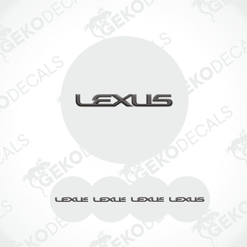 A set of four white vinyl decals with the black LEXUS logo, designed for use as car wheel caps or stickers.
