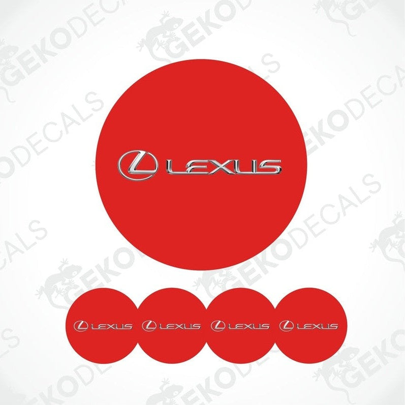 A set of red vinyl decals with the Lexus logo applied on them, typically used as car wheel caps.
