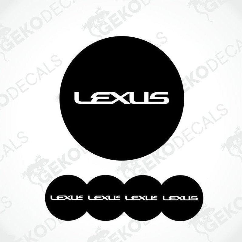 A set of four black vinyl stickers with the LEXUS brand logo on them.