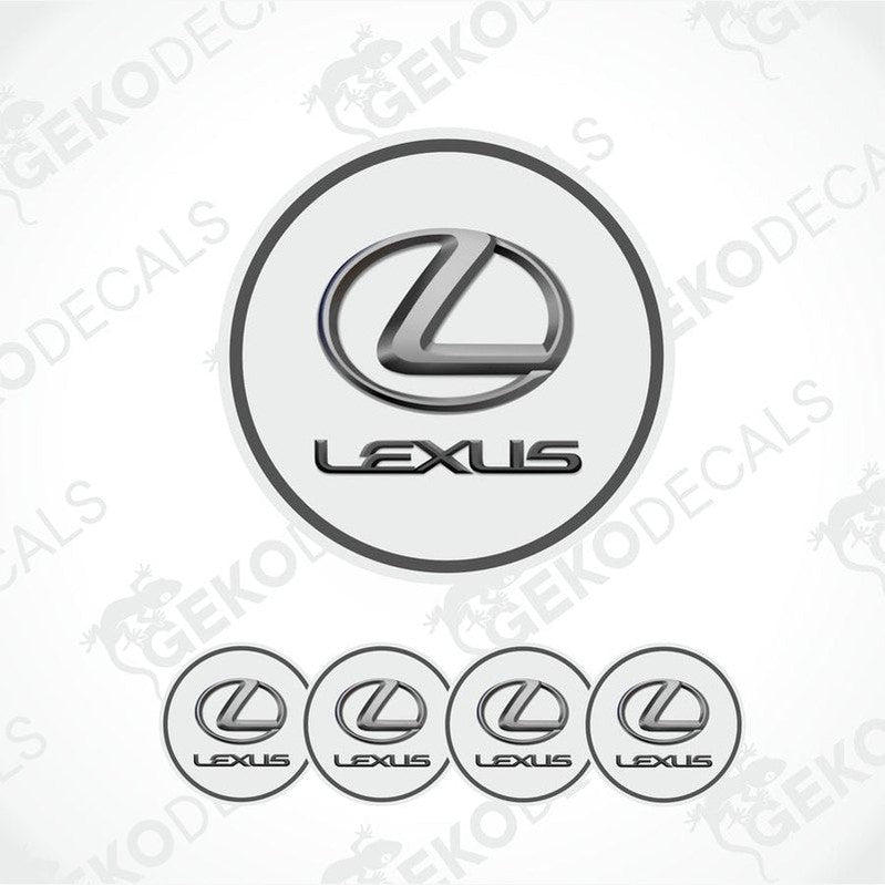 A set of four white round car decals with the Lexus logo in black.