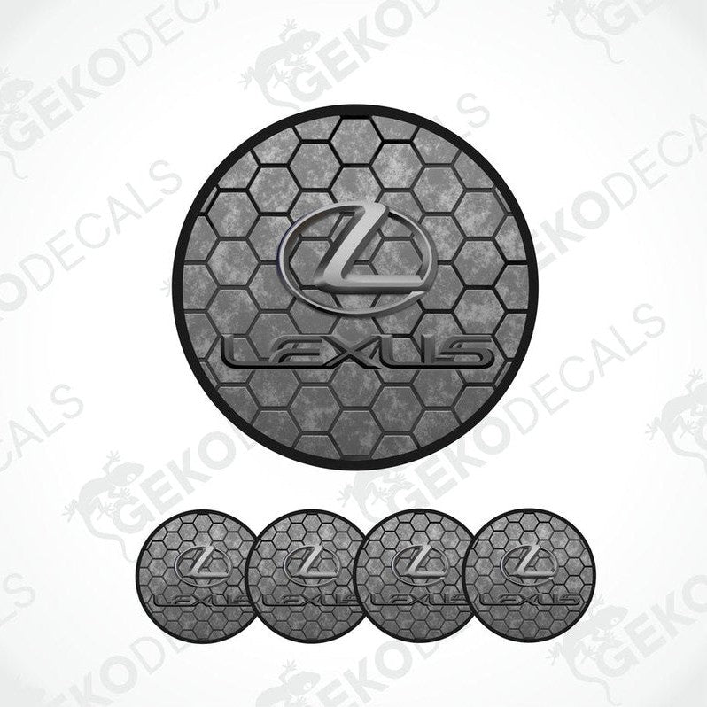 A set of four black vinyl decals with a polyurethane coating featuring a geometric pattern and the LEXUS logo.