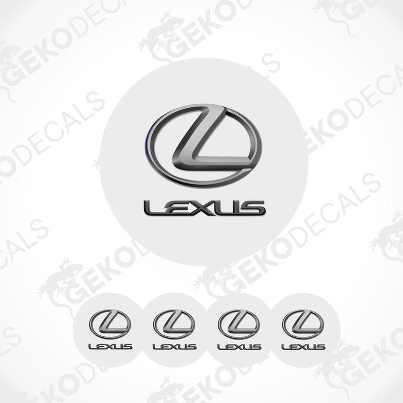 A set of four white round car decals with the Lexus logo in black.