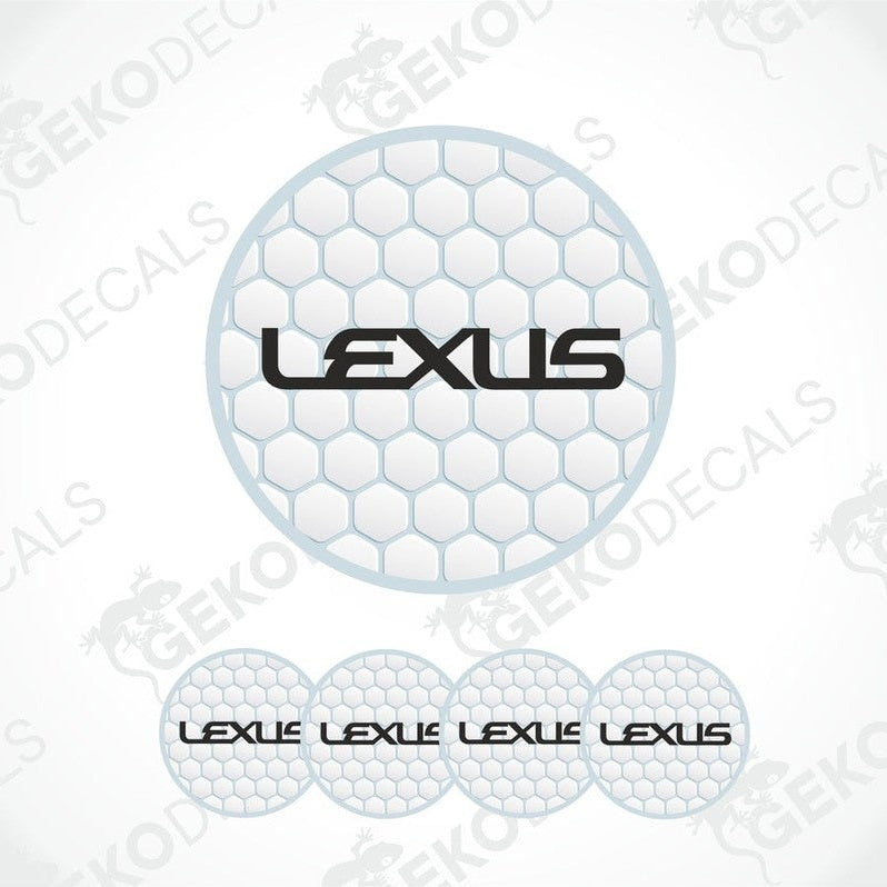 A set of four white vinyl decals with the LEXUS logo, three are round and one is rectangular with a honeycomb pattern.