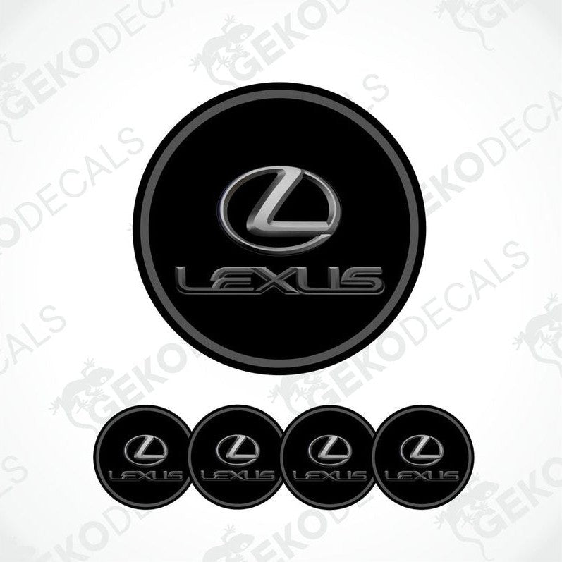 A set of four black round car decals with the grey Lexus logo.