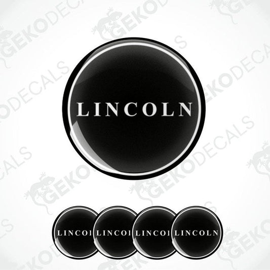 A set of four round black vinyl stickers with the word 'LINCOLN' in the center