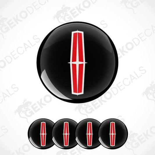 Set of four round black vinyl stickers with the logo "LINCOLN" in white and red in the center