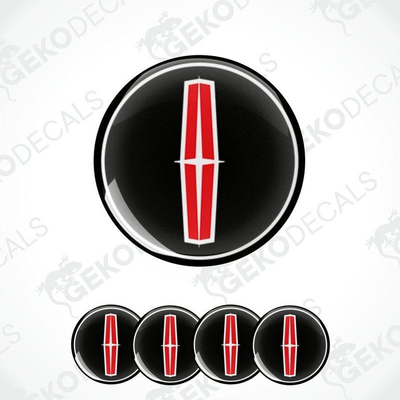 Set of four round black vinyl stickers with the logo "LINCOLN" in white and red in the center