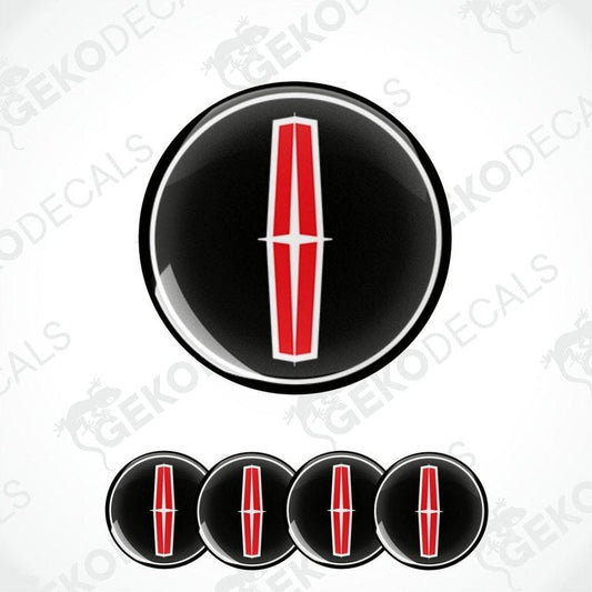 Set of four round black vinyl stickers with the logo "LINCOLN" in white and red in the center