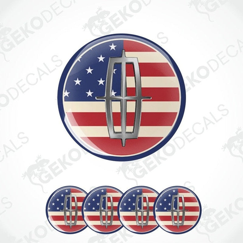 A set of four circular car decals with a patriotic design featuring the American flag and a car lincoln logo.