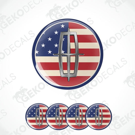 A set of four circular car decals with a patriotic design featuring the American flag and a car lincoln logo.