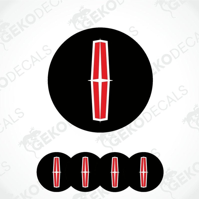 Set of four round black vinyl stickers with the logo "LINCOLN" in white and red in the center