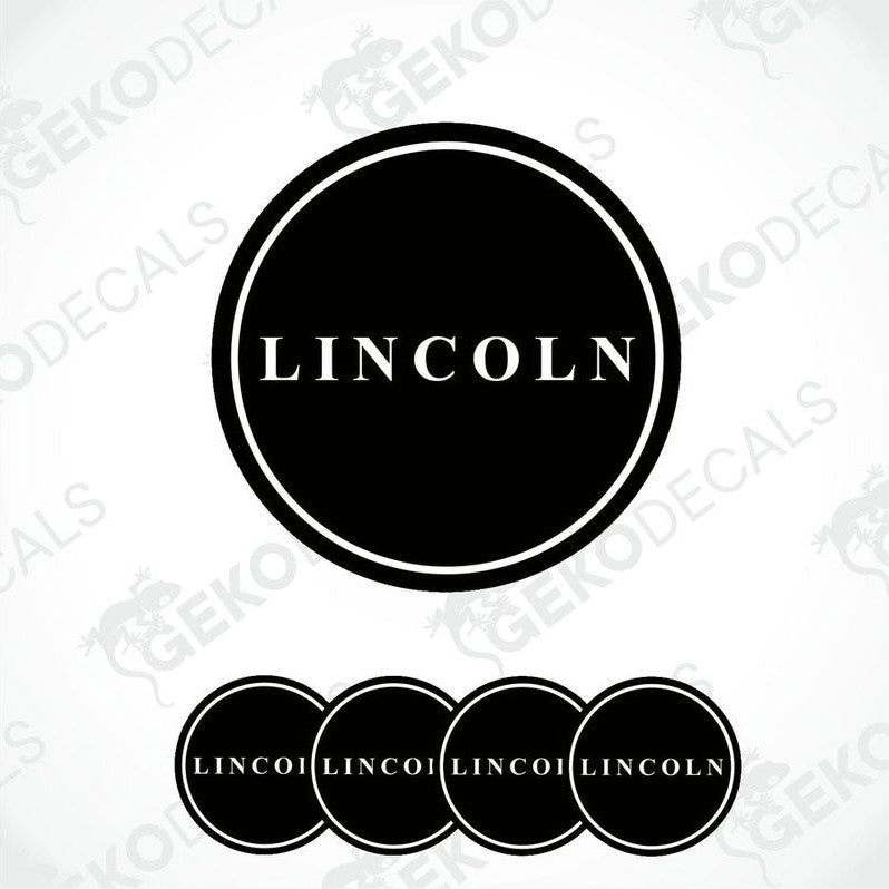 A set of four round black vinyl stickers with the word 'LINCOLN' in the center
