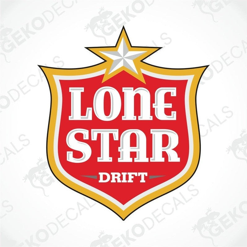A car decal sticker with a shield shape design featuring the text 'LONE STAR DRIFT' with a star above the text, predominantly in red and yellow colors.