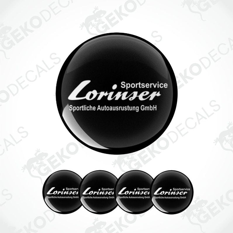A set of black vinyl stickers with the brand name 'LORINSER' and the text 'Sportliche Autoausrustung GmbH'. The stickers are designed to be applied on vehicle wheels or caps.
