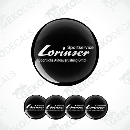 A set of black vinyl stickers with the brand name 'LORINSER' and the text 'Sportliche Autoausrustung GmbH'. The stickers are designed to be applied on vehicle wheels or caps.