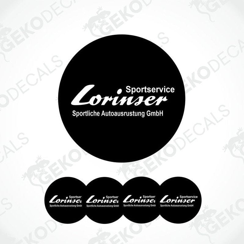 A set of black vinyl stickers with the brand name 'LORINSER' and the text 'Sportliche Autoausrustung GmbH'. The stickers are designed to be applied on vehicle wheels or caps.