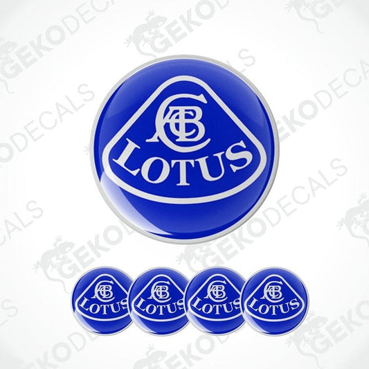 A set of blue vinyl decals with the white LOTUS logo, including four round decals and one larger oval decal.