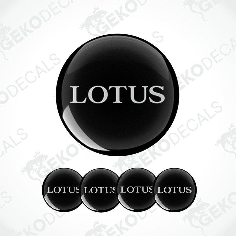 A set of four black vinyl decals with the word 'LOTUS' written in white letters.