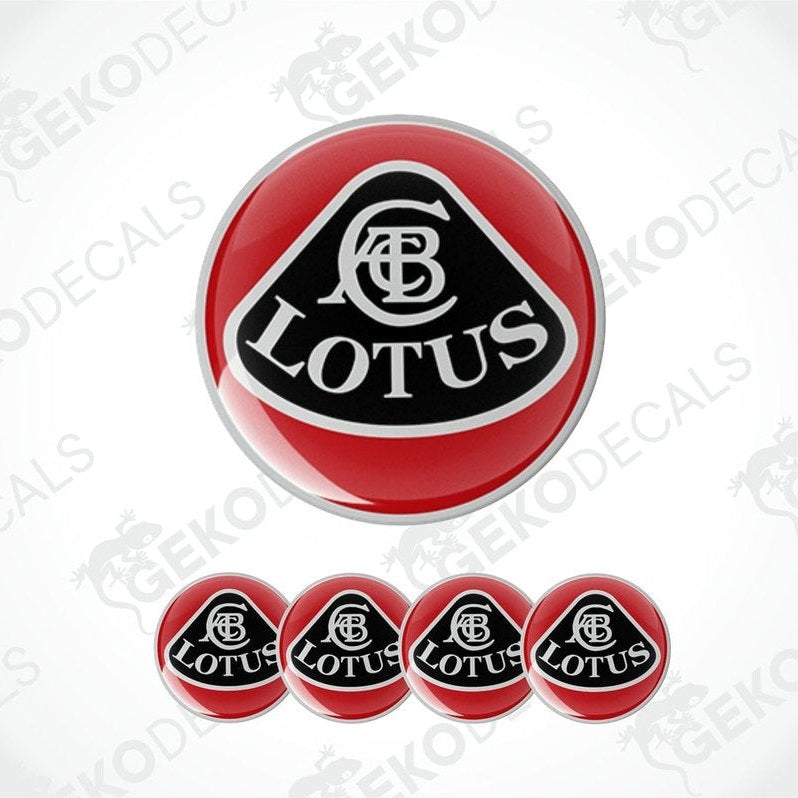 A set of four red vinyl decals with the black Lotus car logo.