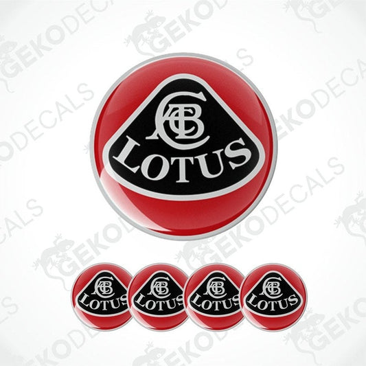 A set of four red vinyl decals with the black Lotus car logo.