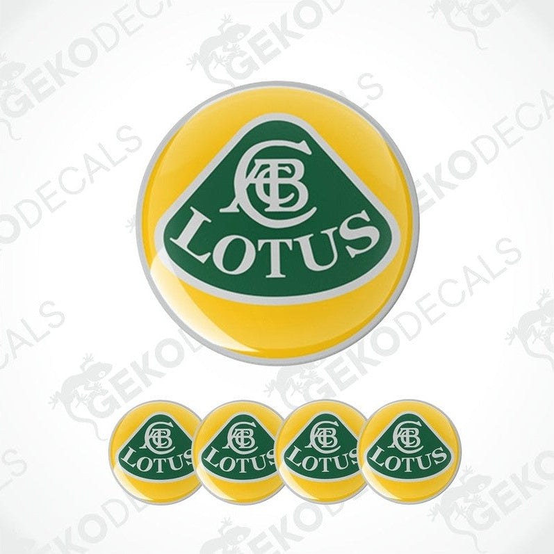 A set of yellow vinyl decals with the green Lotus car logo applied on them.