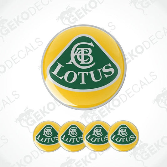 A set of yellow vinyl decals with the green Lotus car logo applied on them.