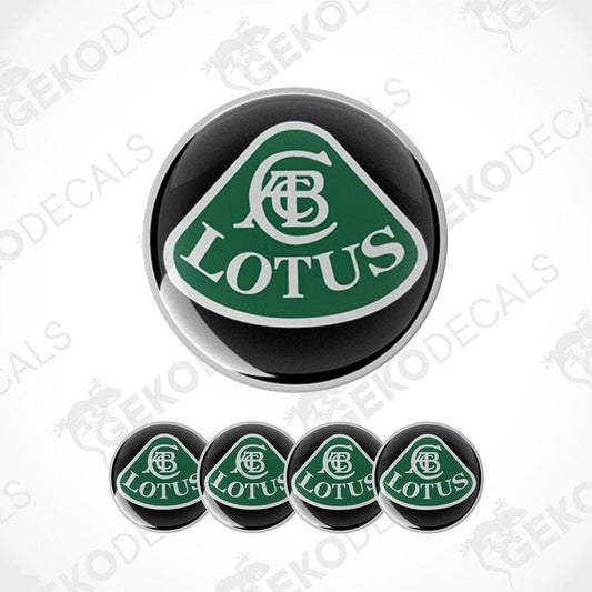 A set of four green, white, and black vinyl stickers with the LOTUS brand logo.