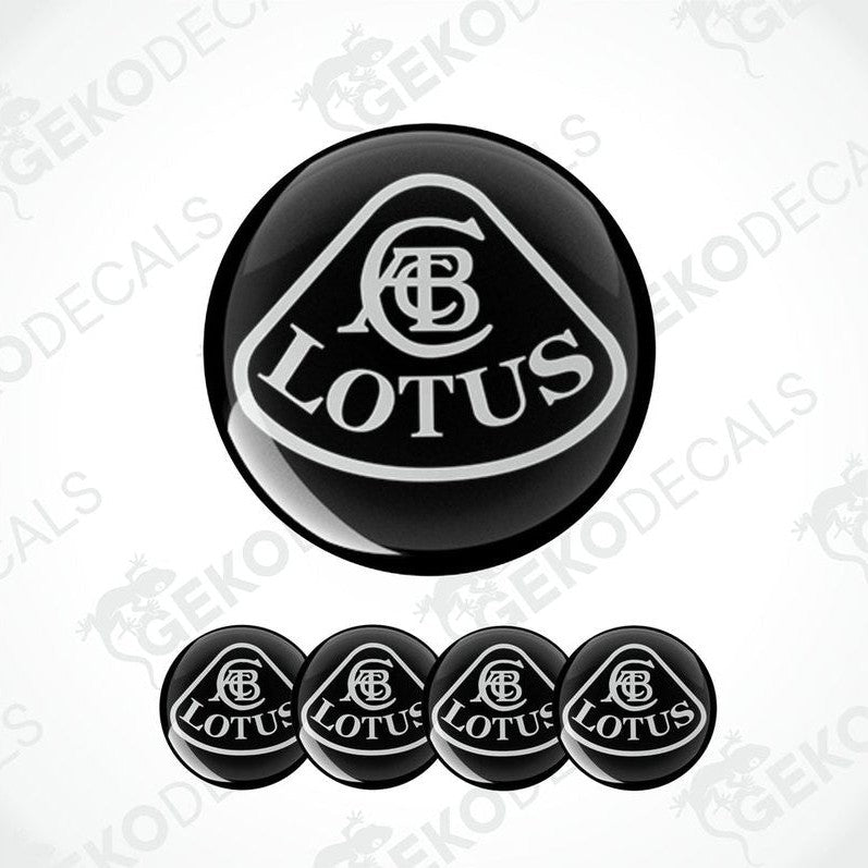 A set of black vinyl decals with the Lotus logo, including one larger emblem and four smaller ones, arranged in a row.