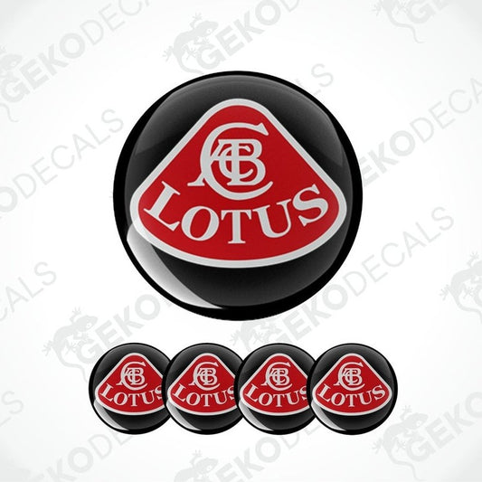 A set of four red, white, and black vinyl stickers with the LOTUS brand logo.