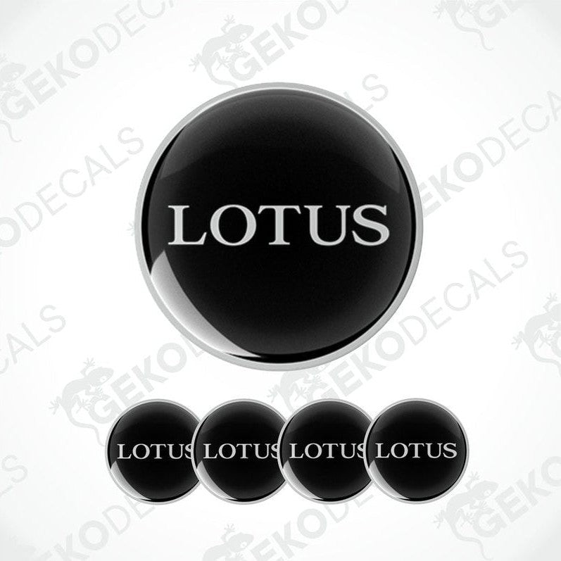 A set of four black vinyl decals with the word 'LOTUS' written in white letters.