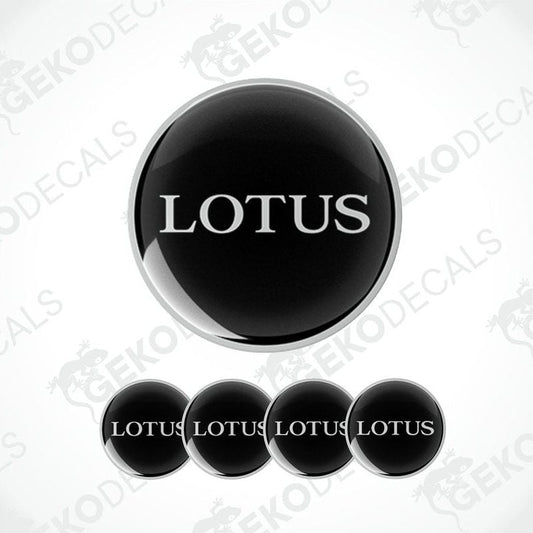 A set of four black vinyl decals with the word 'LOTUS' written in white letters.