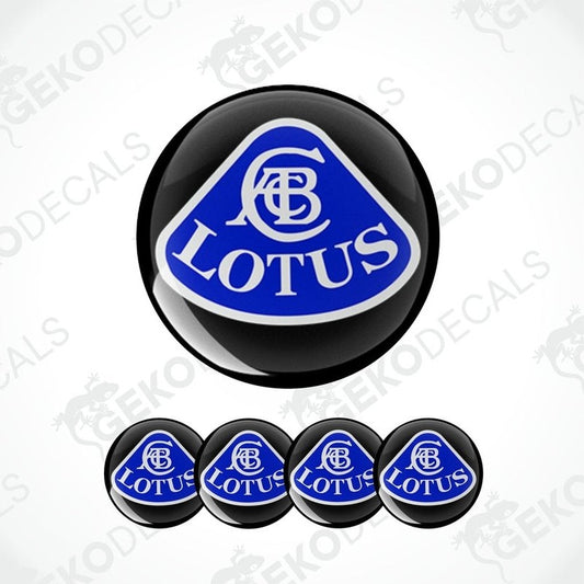 A set of four blue, black, and white vinyl stickers with the LOTUS brand logo.