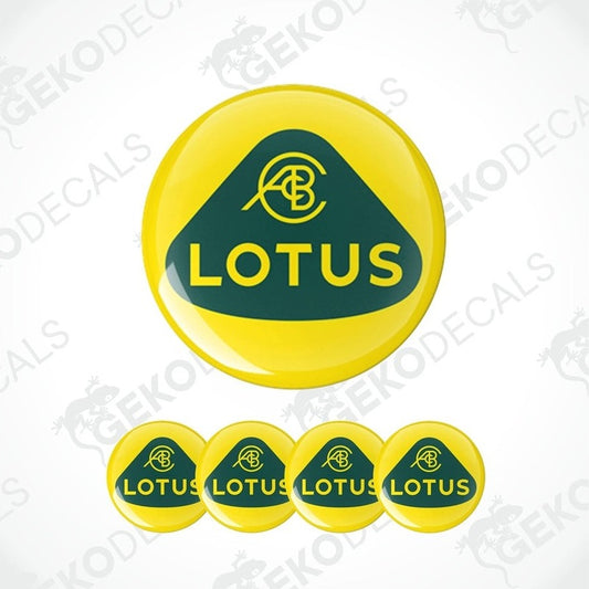 A set of four yellow and green vinyl stickers with the word 'LOTUS' printed on them, designed for use as car decals.