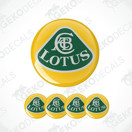 A set of yellow vinyl decals with the green Lotus car logo applied on them.
