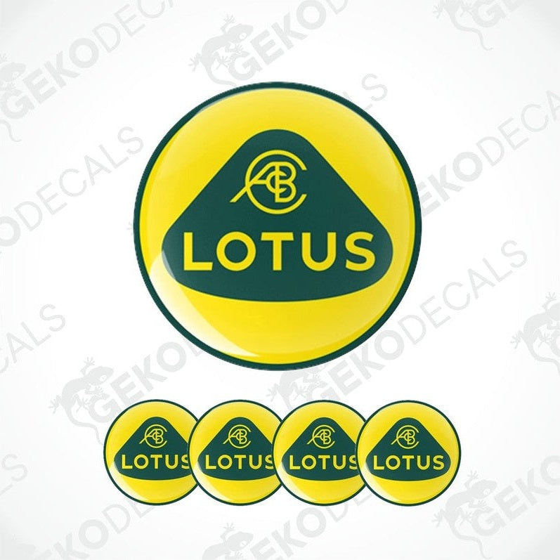 A set of four yellow and green vinyl stickers with the word 'LOTUS' printed on them, designed for use as car decals.