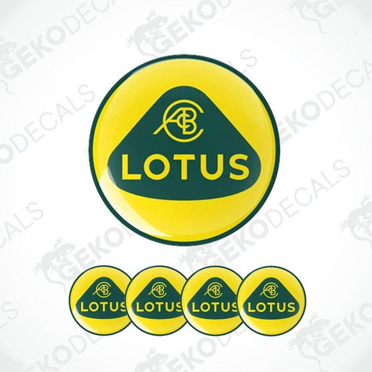 A set of four yellow and green vinyl stickers with the word 'LOTUS' printed on them, designed for use as car decals.